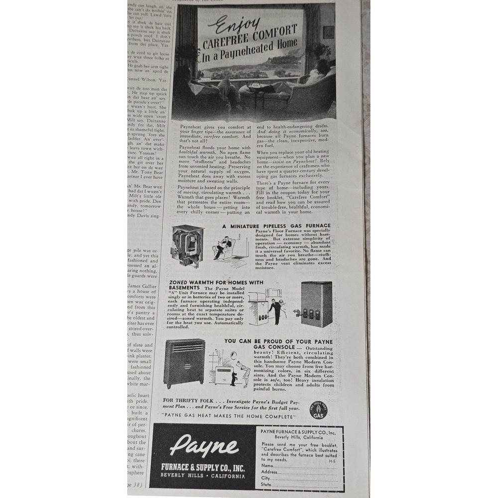 Payne Gas Furnace Advertisement 1939 Home Heating Climate Control